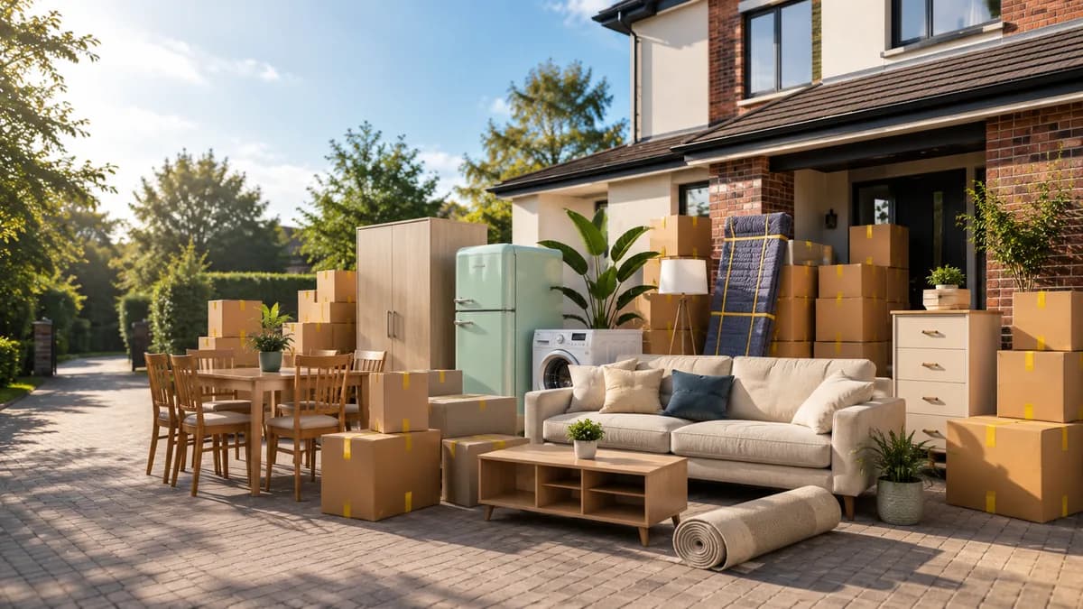 A full home's furniture and boxes packed and ready outside a UK house